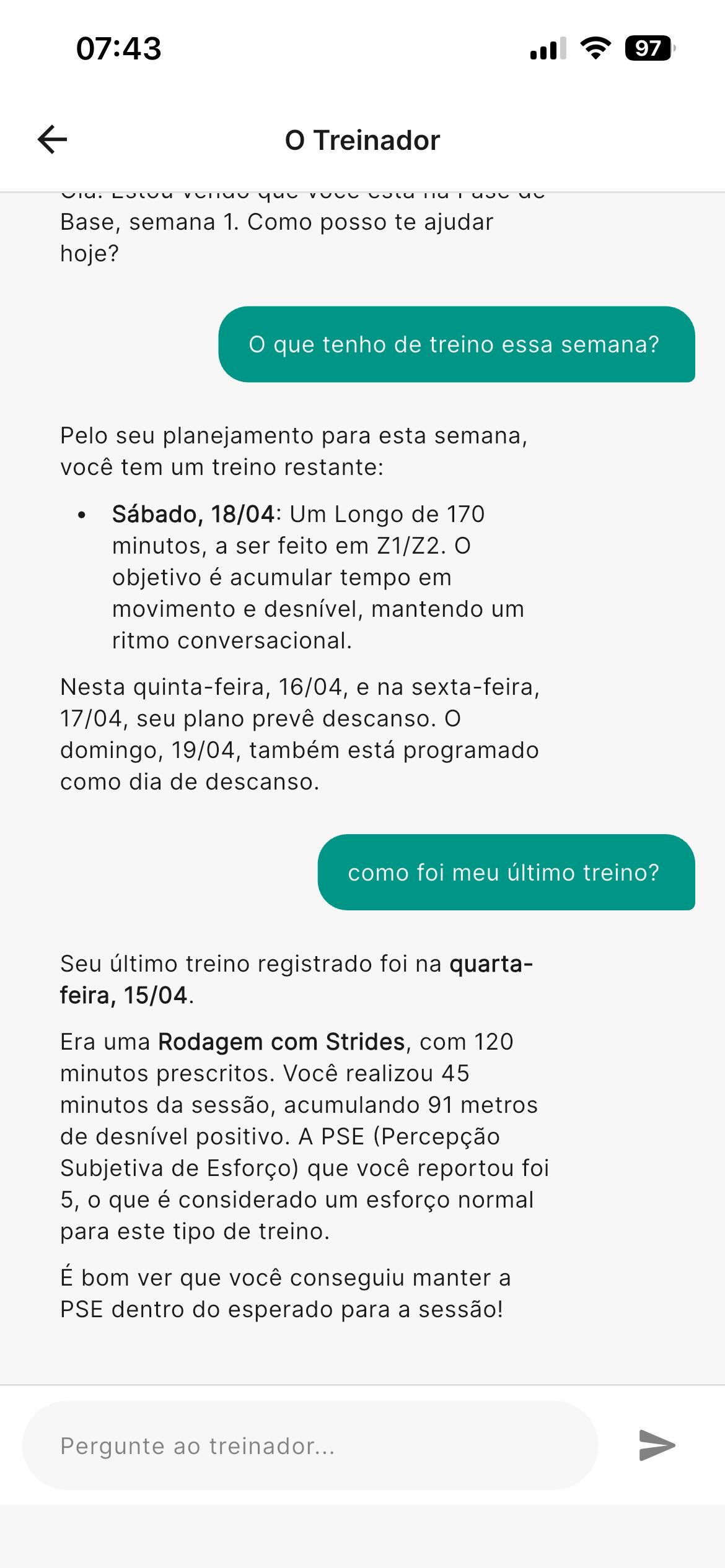 Chat com o Treinador no app Continue