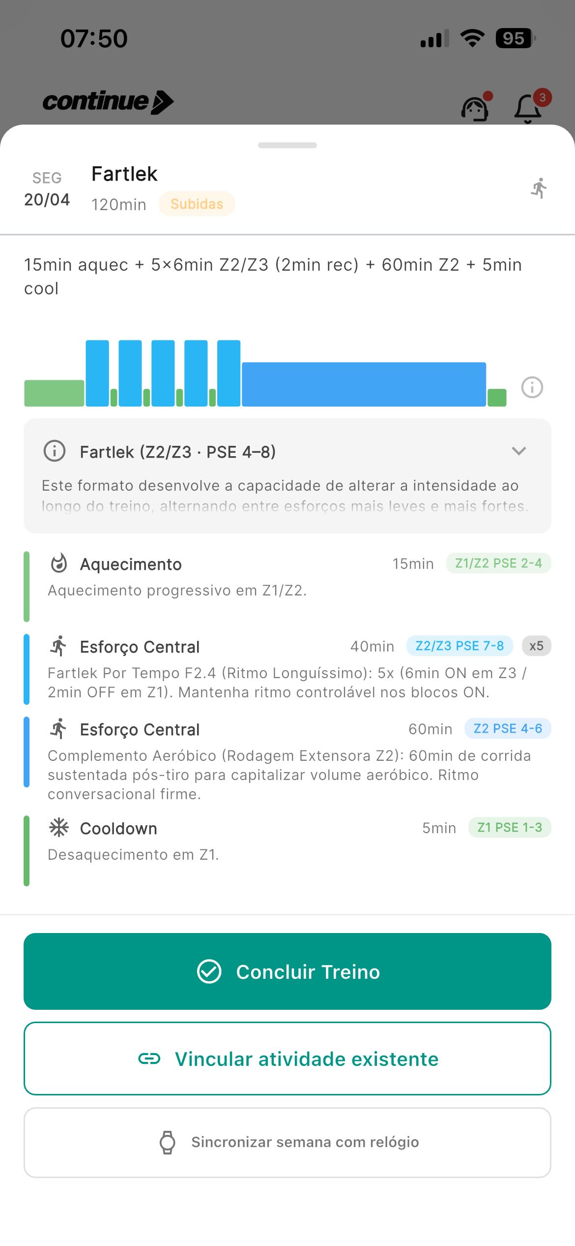 Detalhe de um treino de Fartlek com blocos, zonas e PSE no app Continue