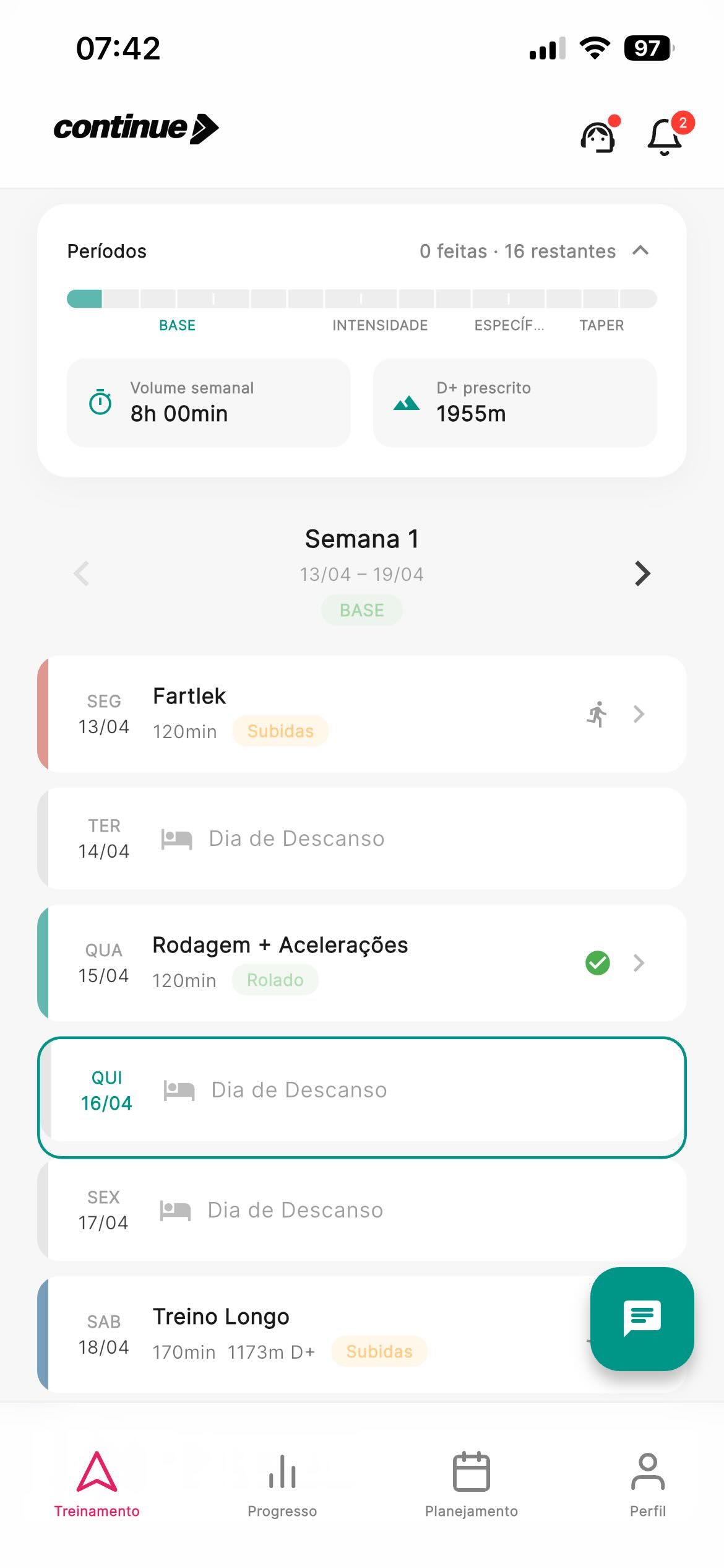 Aba de Treinamento — semana de Trail Run em cards diários